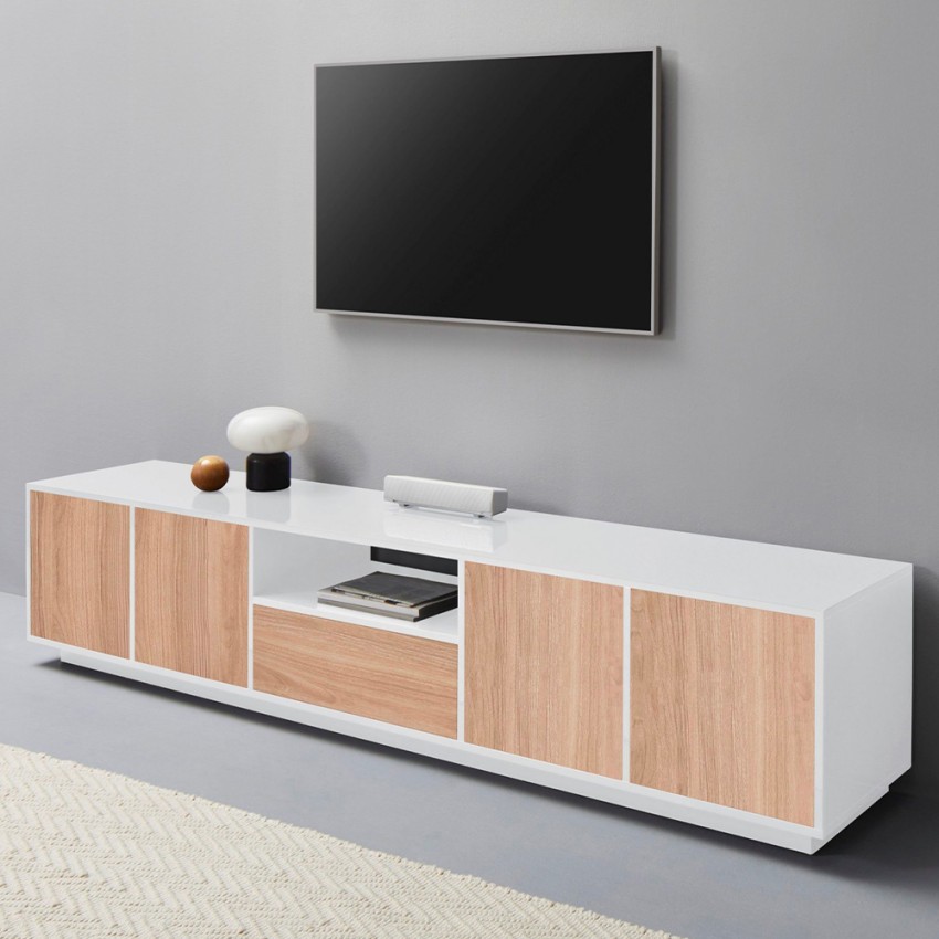 TV-Schrank 220 cm Weiß Holz Modernes Design Wohnzimmer Aston Wood
