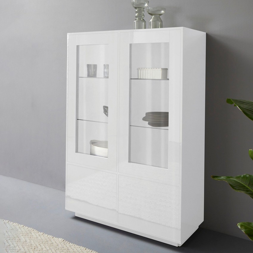 Syfe hohes Sideboard weiß Vitrine modernes Design Wohnzimmer 100cm mit