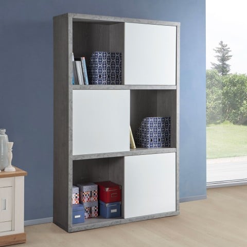 Bücherregal Holz 12 Hohlräume mit Verschiebbar Türe Weiß Glänzend Zementfarbe Pratico