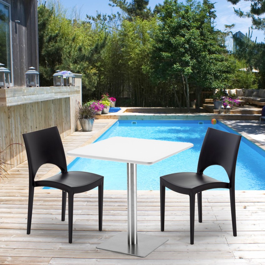   Paris Strawberry: Weißer quadratischer Couchtisch 70x70 cm mit Stahlbasis und 2 farbigen Stühlen 
