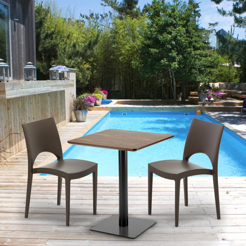 Quadratischer Tisch 60x60 cm schwarzer Sockel und Holzplatte mit 2 farbigen Stühlen Paris Kiss