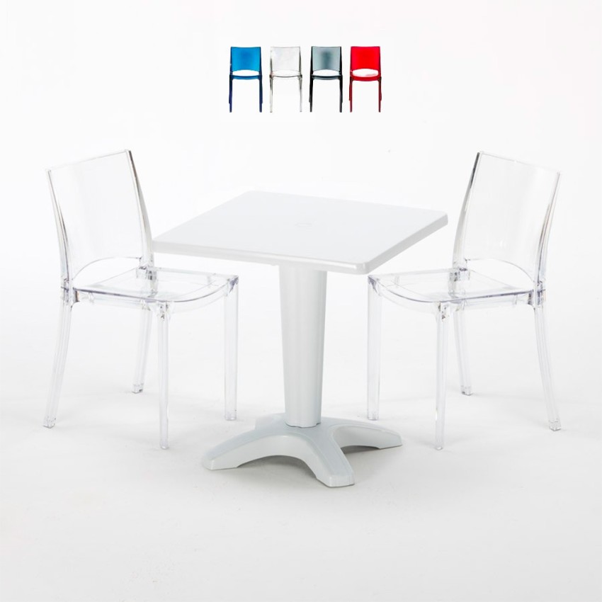Tisch Quadratisch mit 2 Bunten Polycarbonat Outdoor Stühlen Grand Soleil Cafè Eigenschaften