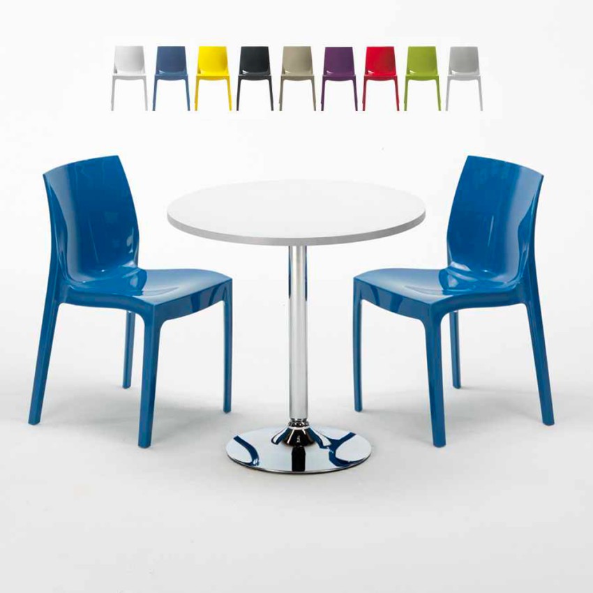 Weißer runder Beistelltisch 70x70 cm mit Stahlgestell und 2 farbigen Stühlen Ice Long Island Angebot