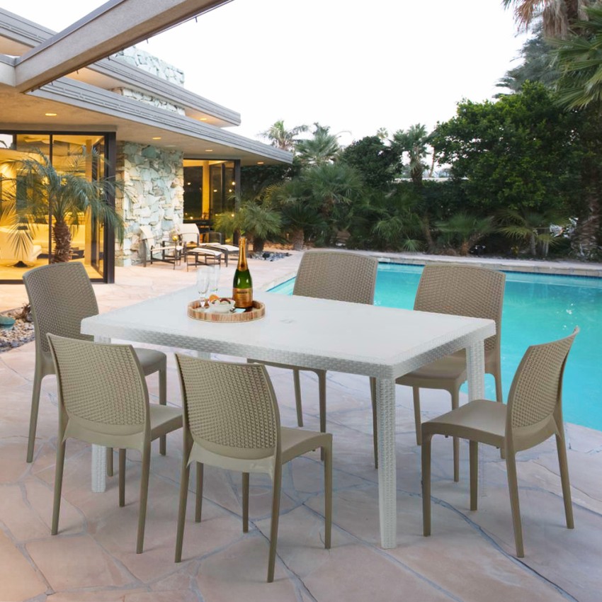 Rechteckiger Tisch Weiß 150x90 cm mit 6 bunten Stühlen Bohème Summerlife