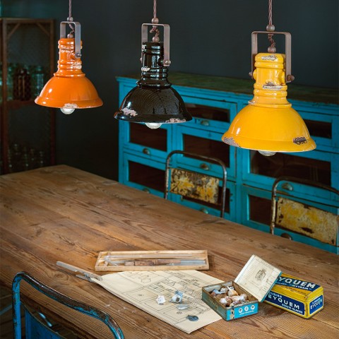 Pendelleuchte aus Eisen und handbemalter Keramik im Vintage-Industriedesign SO Aktion