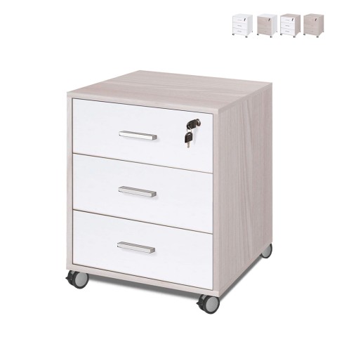 Moderner Büroschrank mit 3 Schubladen, abschließbar und Rollen, Design Cour Aktion