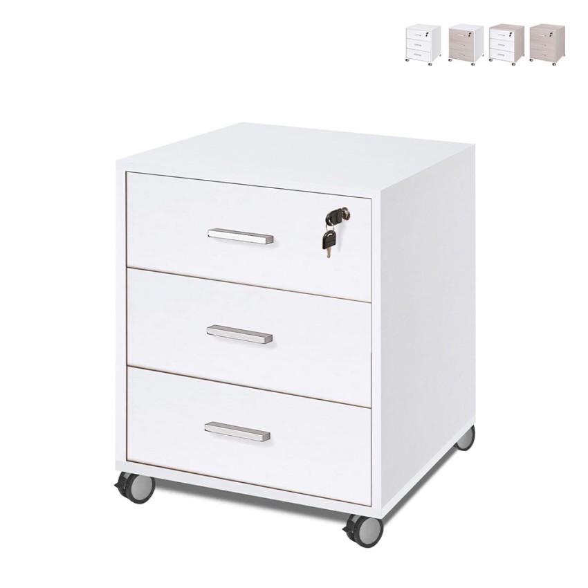 Moderner Büroschrank mit 3 Schubladen, abschließbar und Rollen, Design Cour Sales