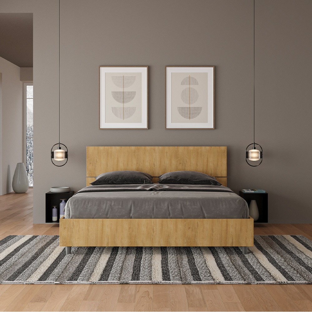 Doppelbett aus Holz 160x190 cm mit Lattenrost und geneigtem Kopfteil Demas I Eiche