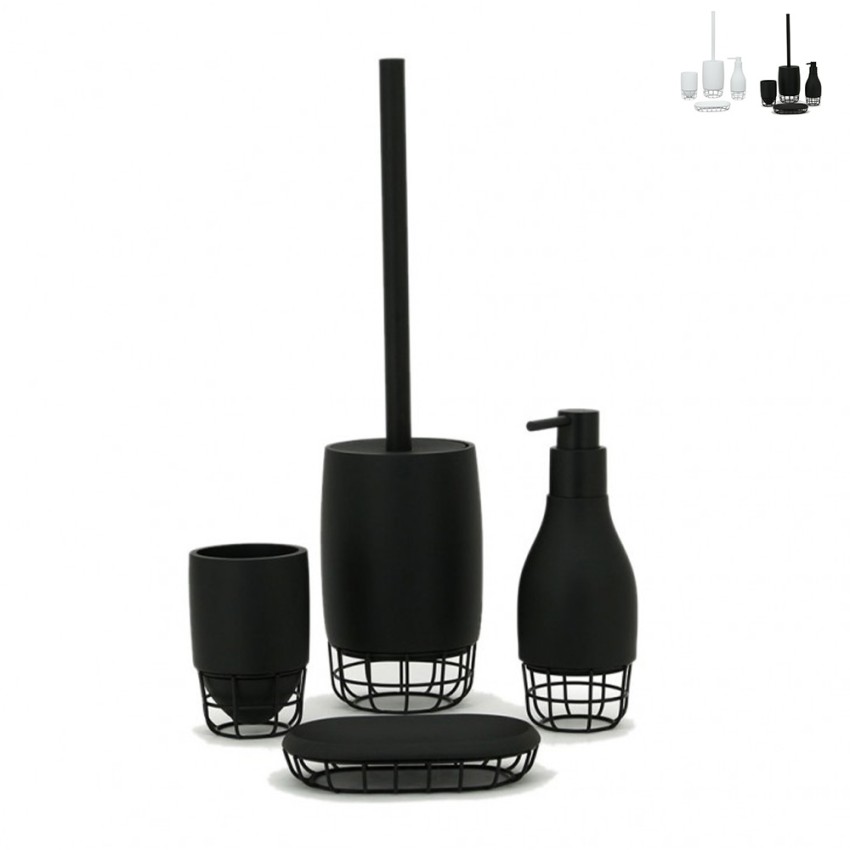 Badezimmer-Set weiß schwarz mit Zahnbürstenhalter, Seifenspender und Toilettenbürste Grid Aktion