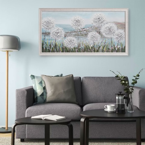 Handgemaltes Gemälde auf Leinwand Blumenwiese mit Pusteblumen Rahmen 60x120cm W726 Aktion