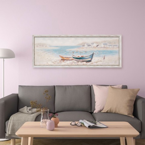 Handgemaltes Gemälde auf Leinwand Boote am Ufer 30x90cm mit Rahmen W800 Aktion