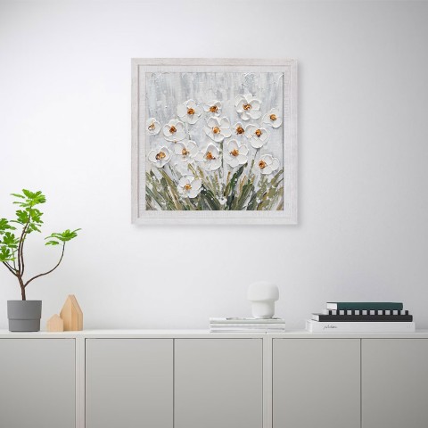 Handgemaltes Bild auf Leinwand Weiß Blumenwiese mit Rahmen 30x30cm Z501