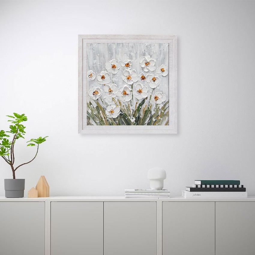 Handgemaltes Leinwandbild Wiese mit weißen Blumen, gerahmt 30x30cm Z501 Aktion