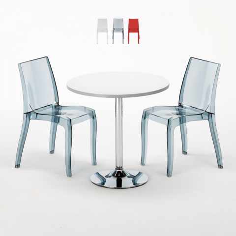 Weiß Rund Tisch und 2 Stühle Farbiges Transparent Grand Soleil Cristal Light Silver