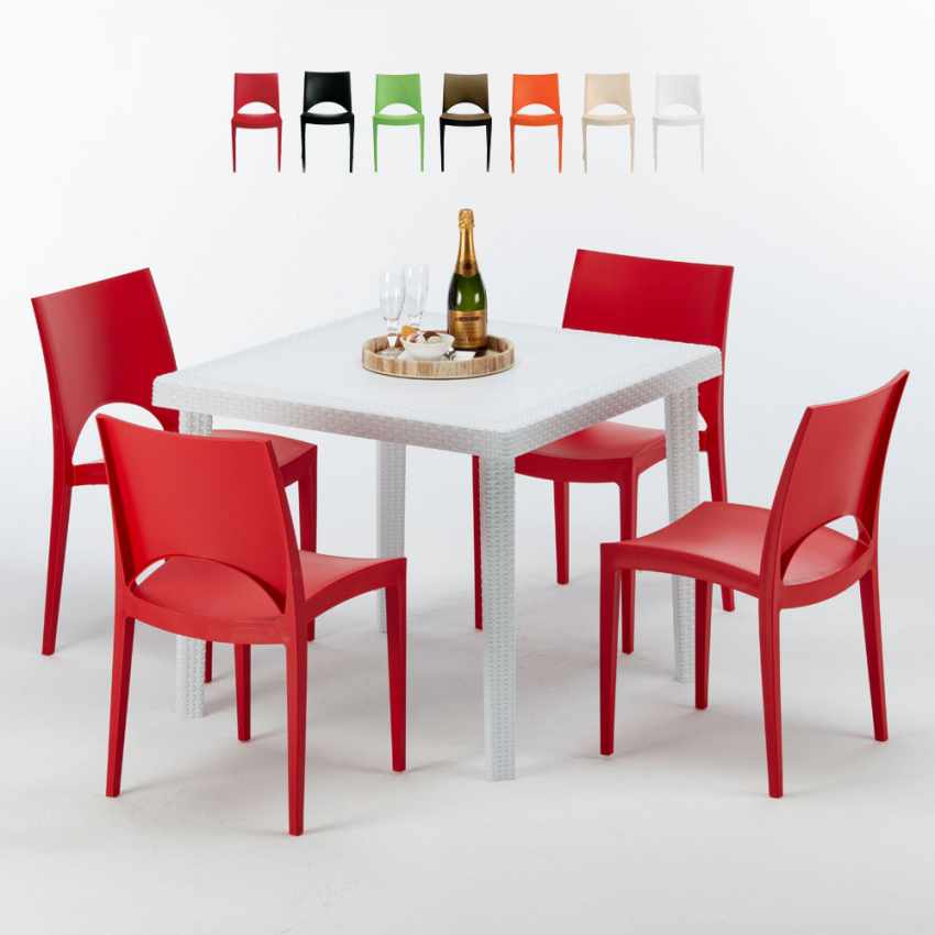 Weiß Quadratisch Tisch und 4 Stühle Farbiges Polypropylen-Außenmastenset Grand Soleil Paris Love