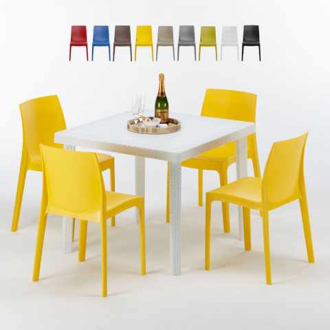 Weiß Quadratisch Tisch und 4 Stühle Farbiges Polypropylen-Außenmastenset Grand Soleil Rome Love Aktion