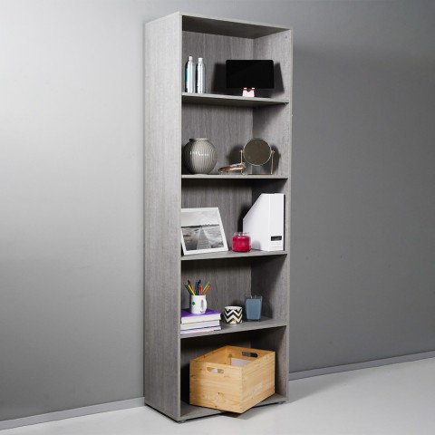 Hohe graue Büro-Wohnzimmer-Bibliothek, 5 Fächer, verstellbare Regalböden, Kbook 5GS Aktion