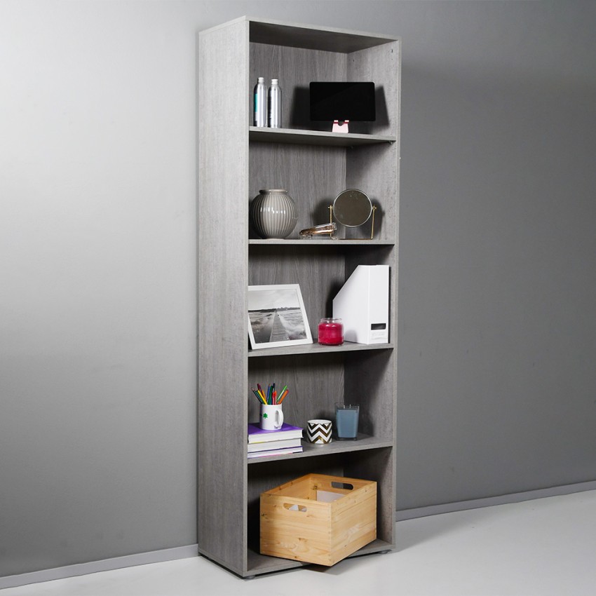 Hohe graue Büro-Wohnzimmer-Bibliothek, 5 Fächer, verstellbare Regalböden, Kbook 5GS Aktion