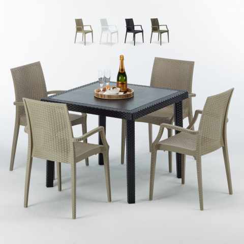Schwarz Quadratisch Tisch und 4 Stühle Farbiges Polypropylen-Außenmastenset Grand Soleil Arm Bistrot Passion