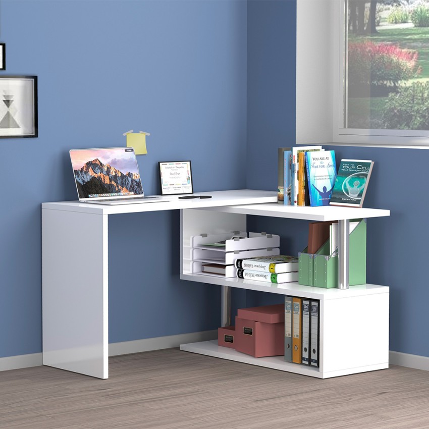 Drehbarer Eckschreibtisch Weiß für Zuhause Büro mit 2 Regalböden Volta WH Aktion Drehbarer Eckschreibtisch Weiß für Zuhause Büro mit 2 Regalböden Volta WH Aktion