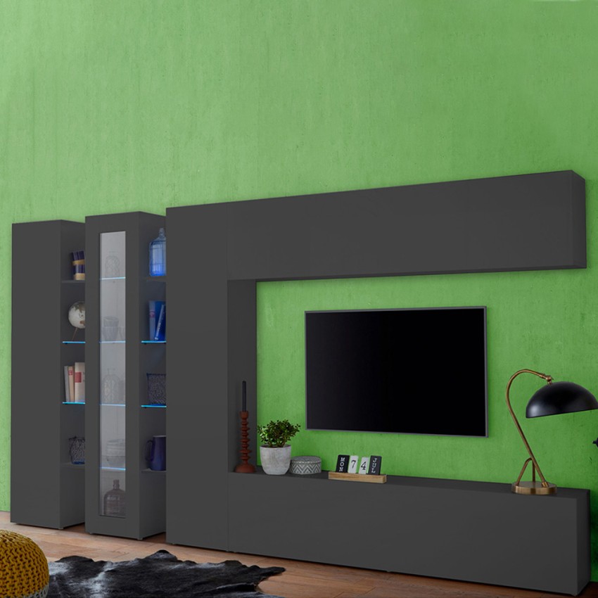 Moderne graue Wohnwand mit TV-Möbel, 2 Hängeschränke, Note Wide Aktion Moderne graue Wohnwand mit TV-Möbel, 2 Hängeschränke, Note Wide Aktion