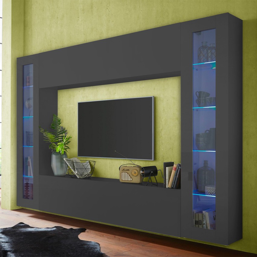 Moderne hängende Wohnwand mit TV-Schrank und 2 Vitrinen Note Frame