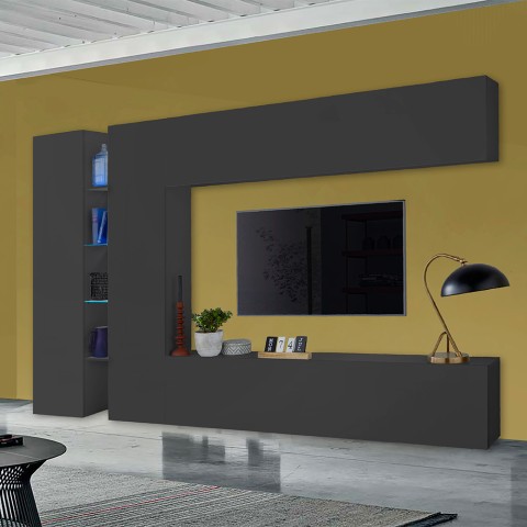 Moderne schwarze Wohnwand TV-Möbel mit 2 Schränken und 4 Regalen Note Twin Aktion