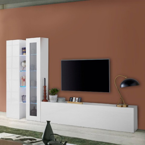 Moderne weiße Wohnwand mit TV-Schrank und Vitrine Elco WH Aktion