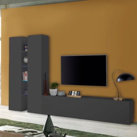 Modernes Wohnzimmer TV-Wandsystem 2 Schränke 4 Fachböden grau Sage RT Aktion
