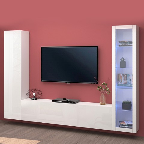Weiße Wohnwand mit schwebendem TV-Möbel, Vitrine und Schrank Peris WH Aktion
