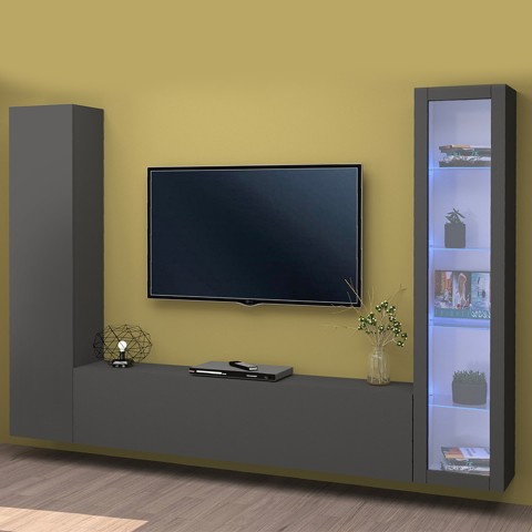 Moderne Wohnzimmerwand mit TV-Möbel, Vitrinen und Hängeschränken Peris RT Aktion