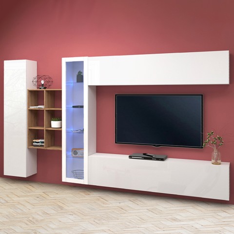 Weiße schwebende Wohnwand mit TV-Schrank, Bücherregal und Vitrine Loane WH Aktion