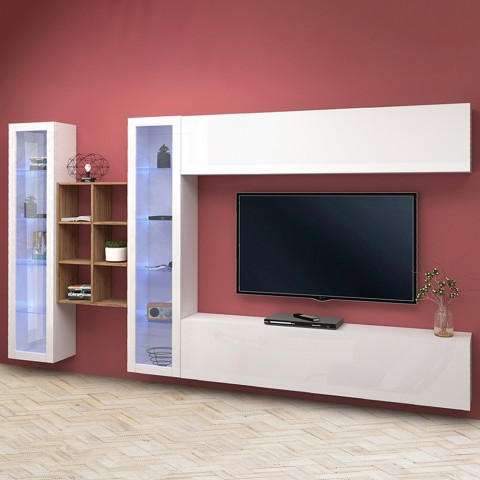Weiße Wohnwand Kary WH mit hängendem TV-Schrank, Bücherregal und 2 Vitrinen Aktion