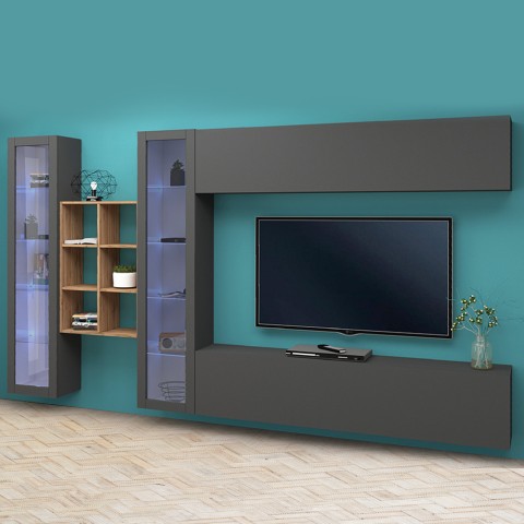 Hängende Wohnwand TV-Schrank mit 2 Vitrinen und Bücherregal Holz Kary RT Aktion