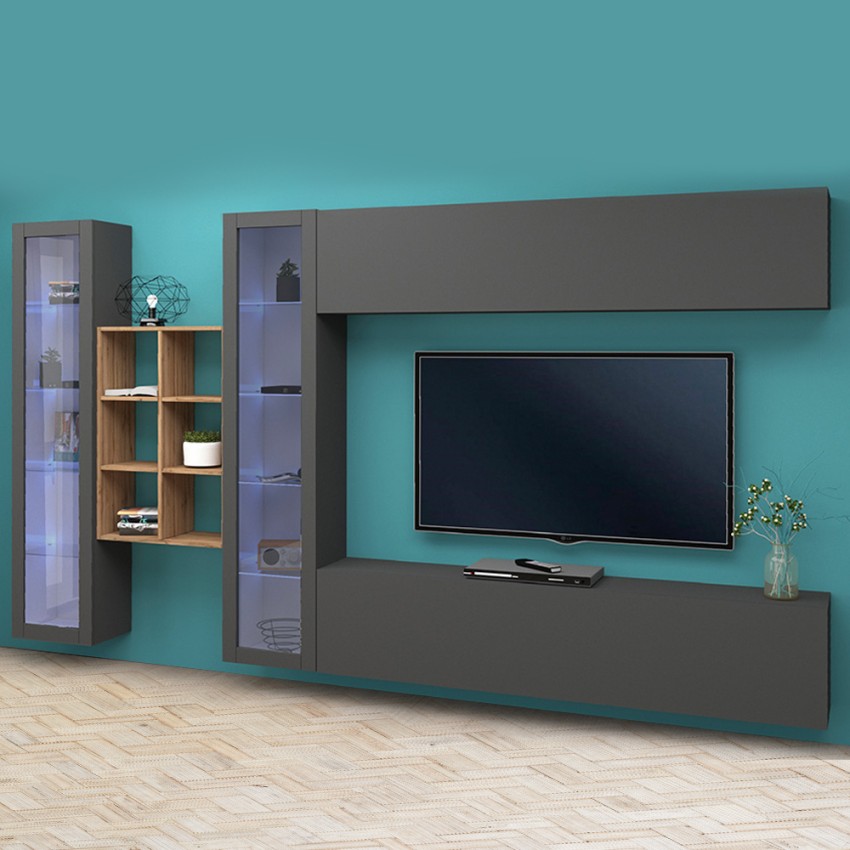 Hängende Wohnwand TV-Schrank mit 2 Vitrinen und Bücherregal Holz Kary RT Aktion