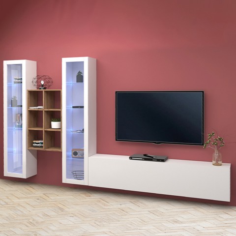 Hängende TV-Wand in Weiß mit 2 Glasvitrinen und Regal Yves WH Aktion