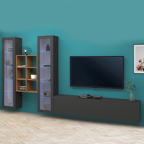 Moderne hängende Wohnwand TV-Regal Holz mit 2 Vitrinen Yves RT Aktion