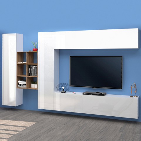 Weiße Wohnwand mit hängendem TV-Schrank, 2 Schränken und Bücherregal Sid WH Aktion