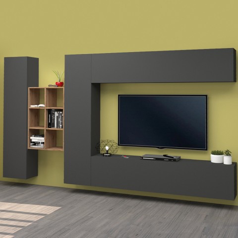 Graue Hängende Wohnwand mit TV-Schrank, Bücherregal und 2 Schränken Sid RT Aktion