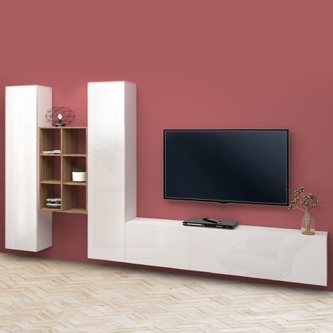 Weiße schwebende TV-Wand mit Holzregal und 2 Schränken Manny WH Aktion