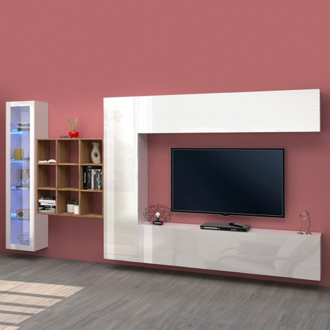 Weiße TV-Wand mit Hängeschrank und Vitrine Femir WH Aktion