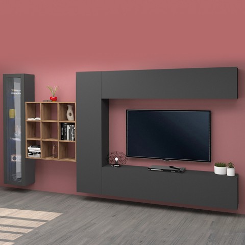 Moderne Hängende TV-Wand mit Vitrine und Bücherregal Femir RT Aktion
