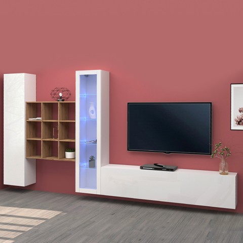 Weiße Wohnwand mit TV-Schrank, Vitrine und Bücherregal Ranil WH Aktion