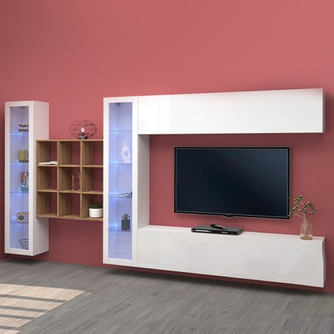 TV-Wandregal Weiß mit 2 Vitrinen und 9 Regalen Eron WH Aktion