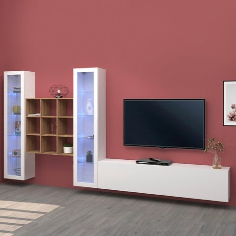 Weiße Wohnwand TV-Schrank Bücherregal aus Holz mit 2 Vitrinen Onir WH Aktion