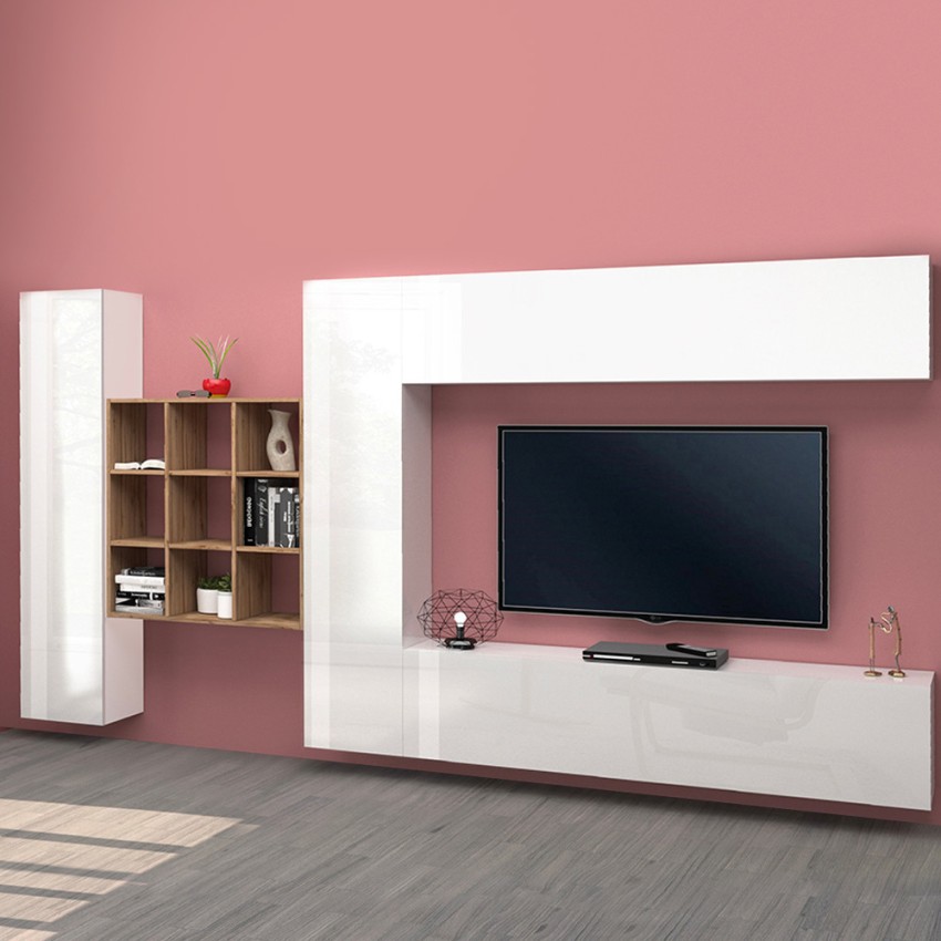 Schwebende TV-Wandmöbel, weiß, mit Bücherregal und 2 Schränken, Modell Ferd WH Aktion