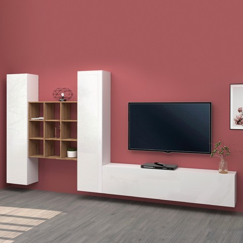 TV-Wohnwand weiß schwebend mit 2 Schränken und Bücherregal Talka WH Aktion