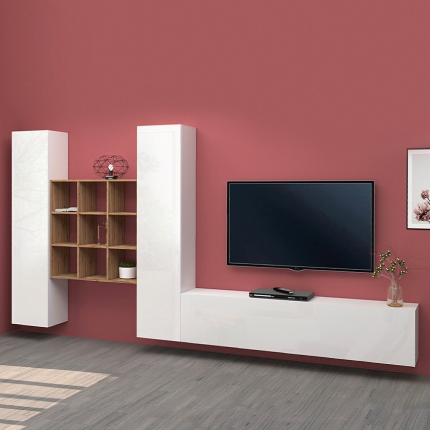 TV-Wohnwand weiß schwebend mit 2 Schränken und Bücherregal Talka WH Aktion TV-Wohnwand weiß schwebend mit 2 Schränken und Bücherregal Talka WH Aktion