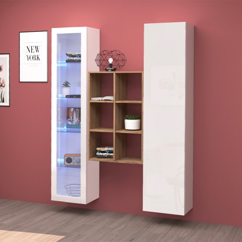 Weiße Wohnwand mit Vitrine, Bücherregal und Schrank Teret WH Aktion