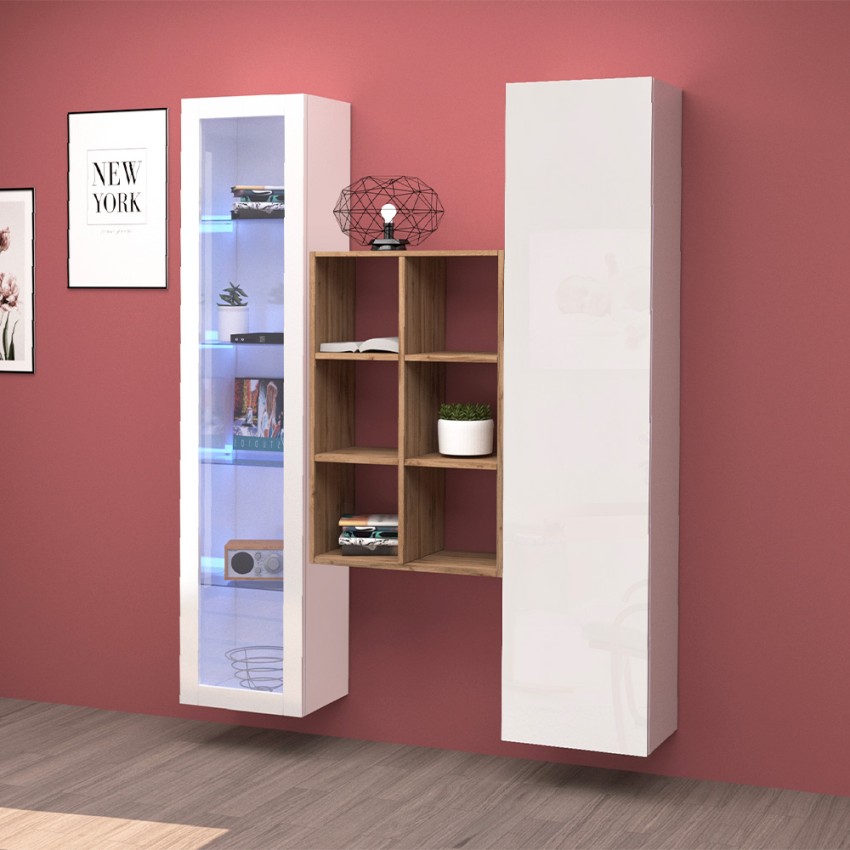 Weiße Wohnwand mit Vitrine, Bücherregal und Schrank Teret WH Aktion